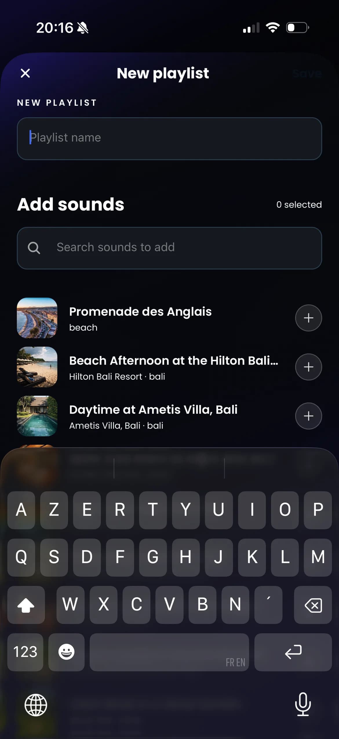 Listen new playlist creation screen with sound picker