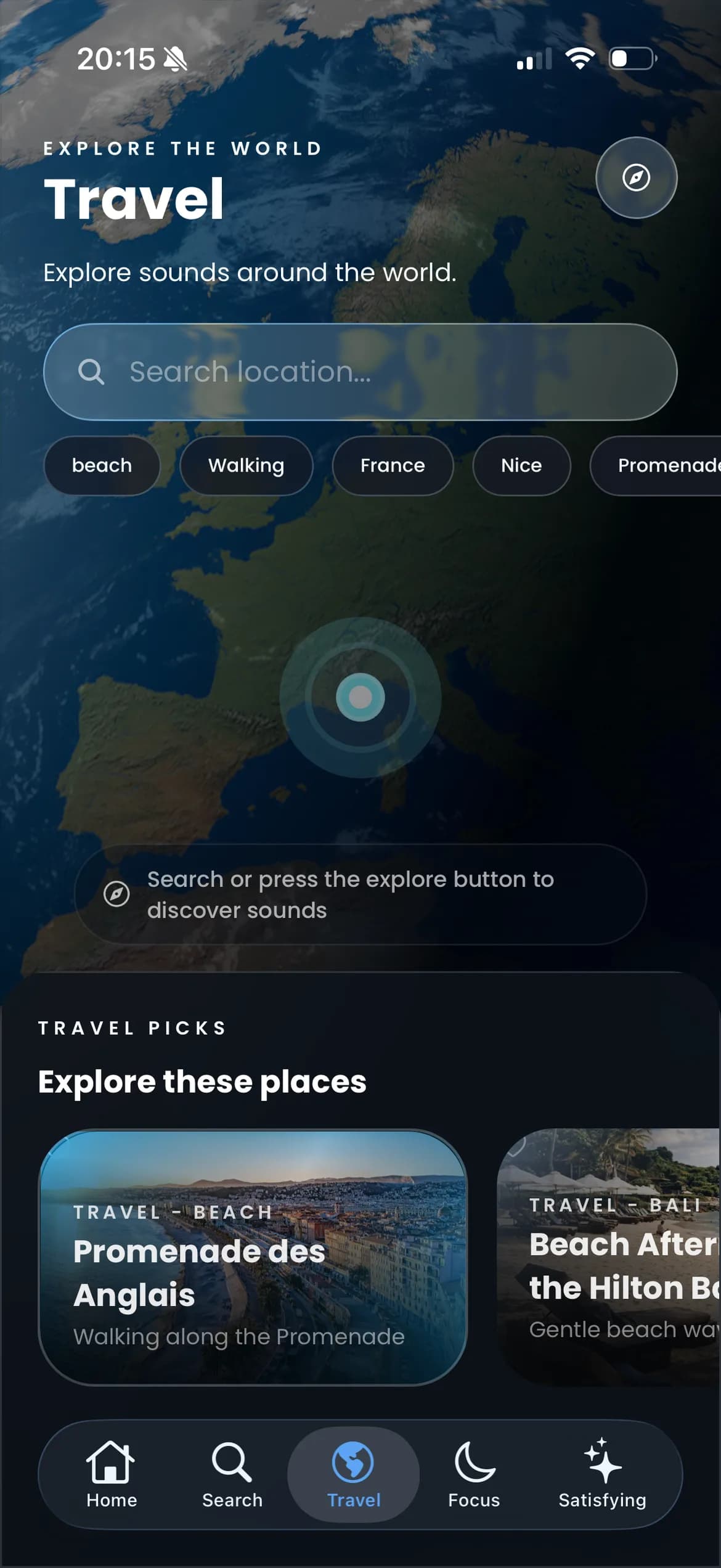Listen travel screen showing the interactive globe