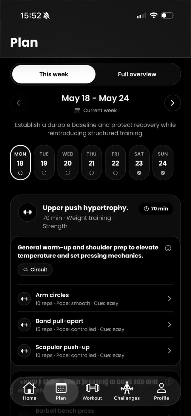 Omnia plan screen showing this week's sessions and a hypertrophy block