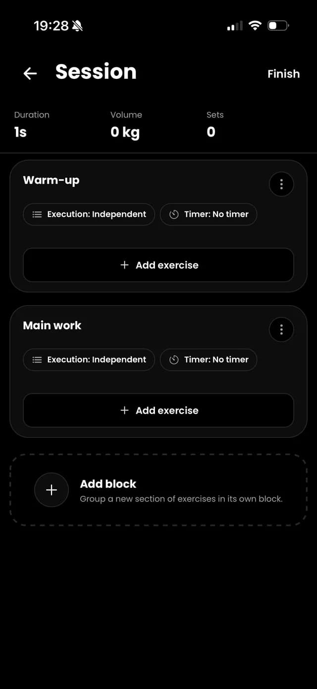 Omnia session screen with warm-up and main work blocks